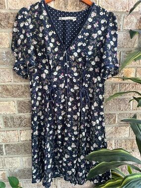 Chelsea Violet Navy Floral Button-Front Dress with elastic cinch back.